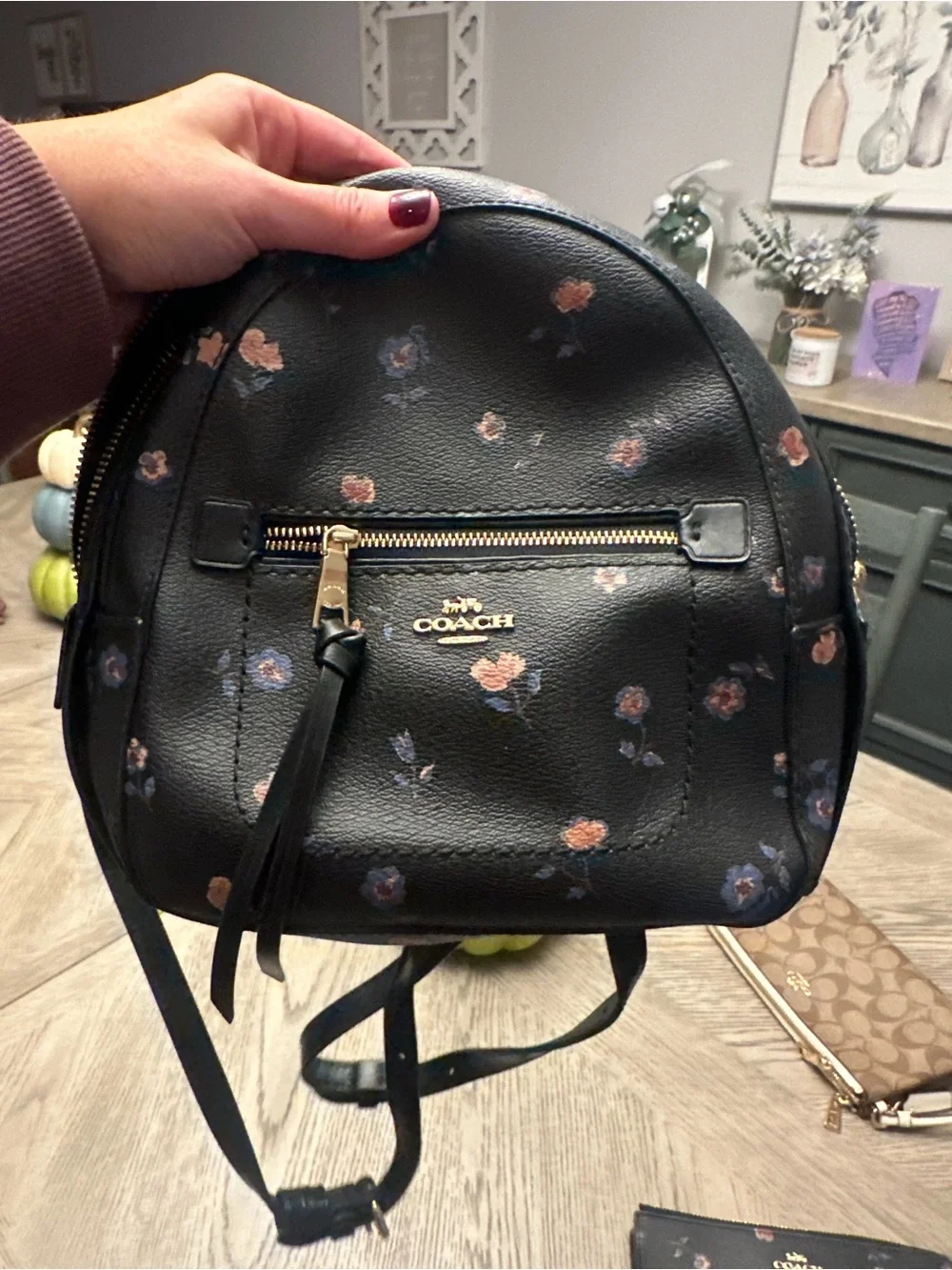 COACH Black Floral Leather Mini Backpack with Matching Wallet